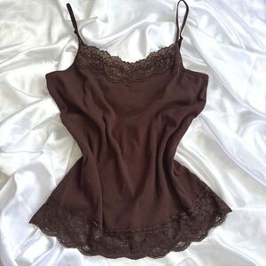 Cato Brown Ribbed Lace Trim Camisole Top Adjustable Straps Women Large Espresso